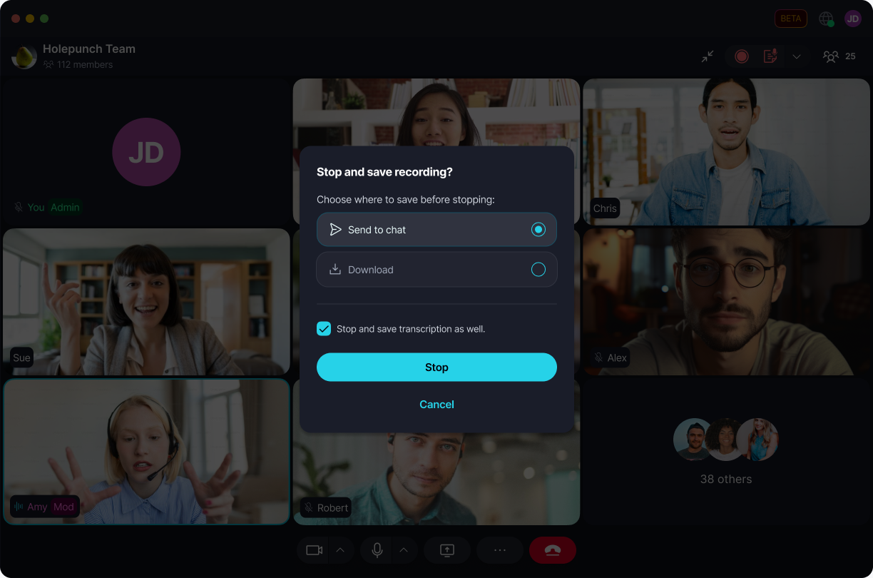 Call Transcripts & Summaries π Choose whether to send the result to the room's chat or download it.